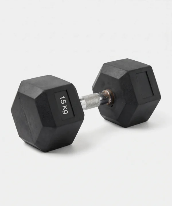 دمبل سداسي الشكل مطلي بالمطاط ( 15kg ) قطعة واحدة، ( مصري ) للاستخدام المنزلي والتجاري واللياقة البدنية والتمارين الرياضية